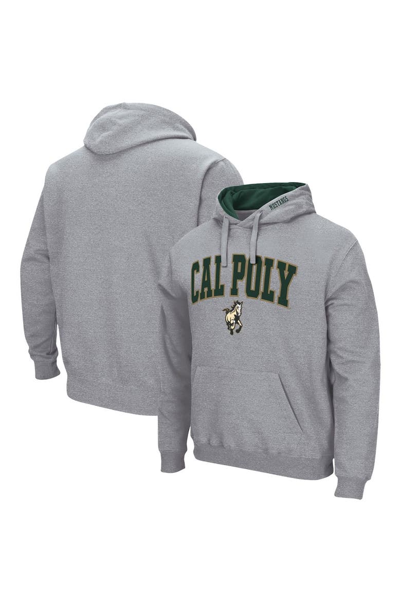 Men's Colosseum Heathered Gray Cal Poly Mustangs Arch and Logo Pullover Hoodie, Main, color, Heather Gray