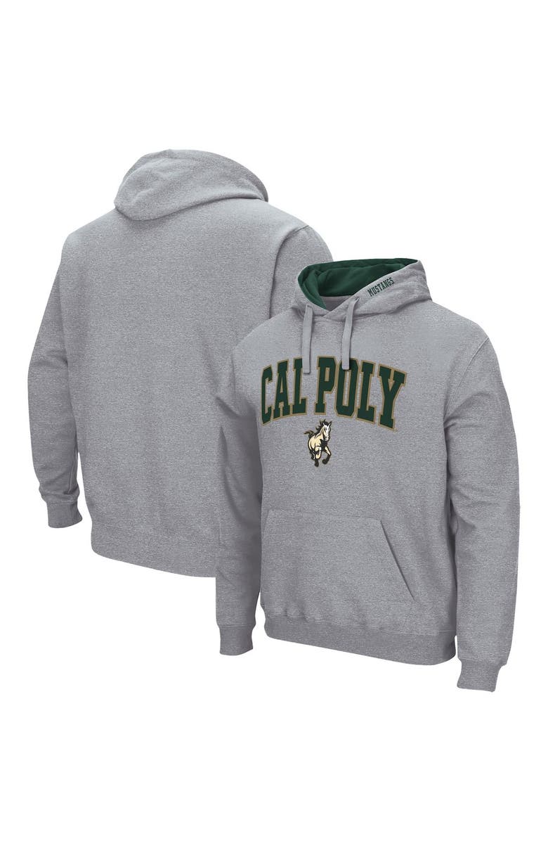 COLOSSEUM Men's Colosseum Heathered Gray Cal Poly Mustangs Arch and Logo Pullover Hoodie, Main, color, Heather Gray