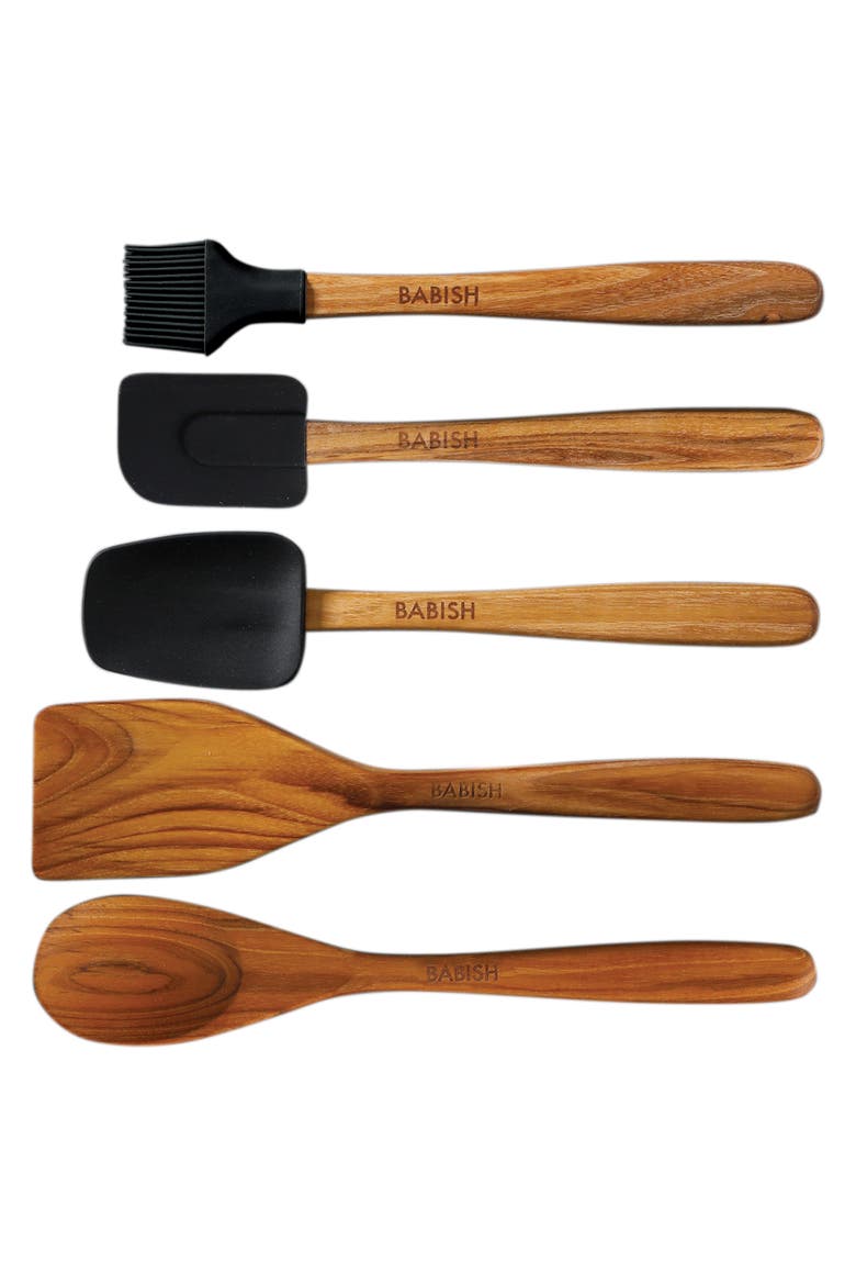 5pc Wood and Silicone Essential Kitchen Tool Set Brown, Main, color, Brown