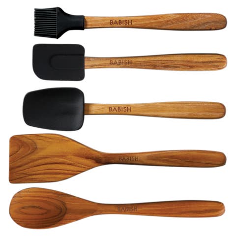 5pc Wood and Silicone Essential Kitchen Tool Set Brown