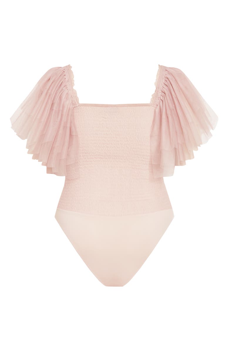 City Chic Azariah Shirred Tulle Sleeve Bodysuit, Alternate, color, Dusty Pink