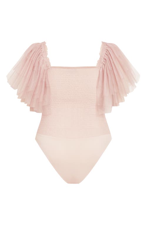 Shop City Chic Azariah Shirred Tulle Sleeve Bodysuit In Dusty Pink
