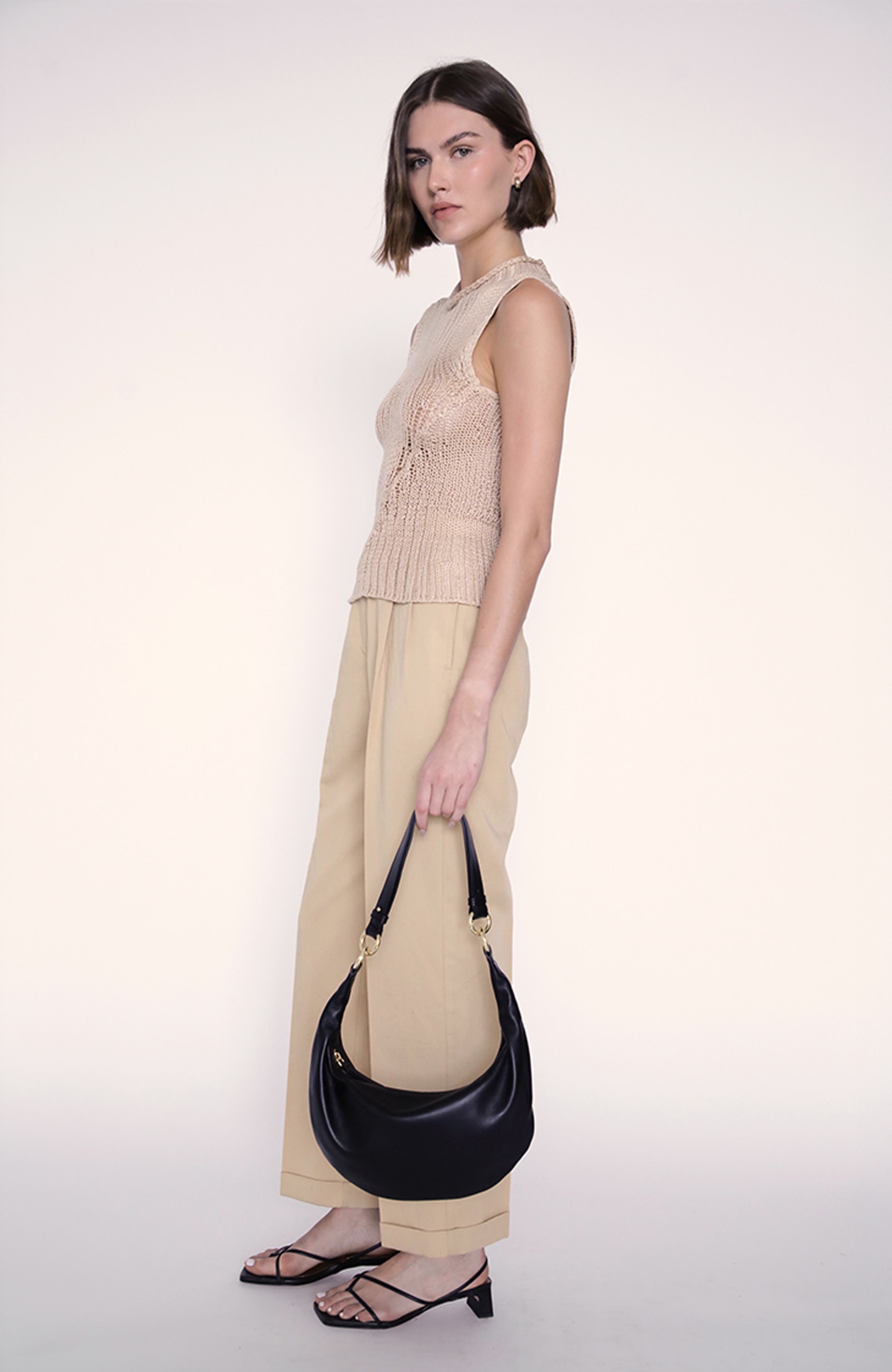 HYER GOODS Small Leather Convertible Hobo Crescent Ring Bag, Alternate, color, Black/Gold