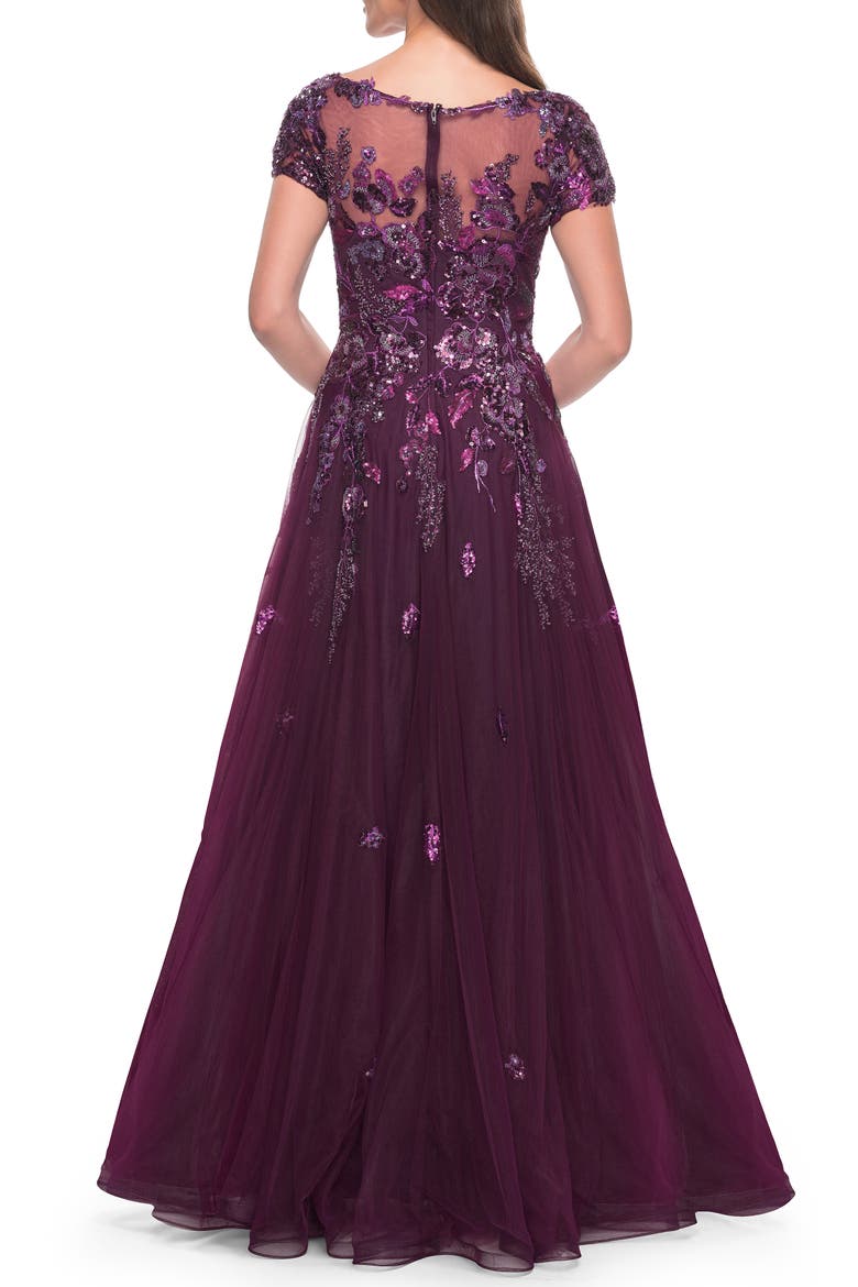A-line Gown with Unique Sequin Floral Applique, Alternate, color, Dark Berry