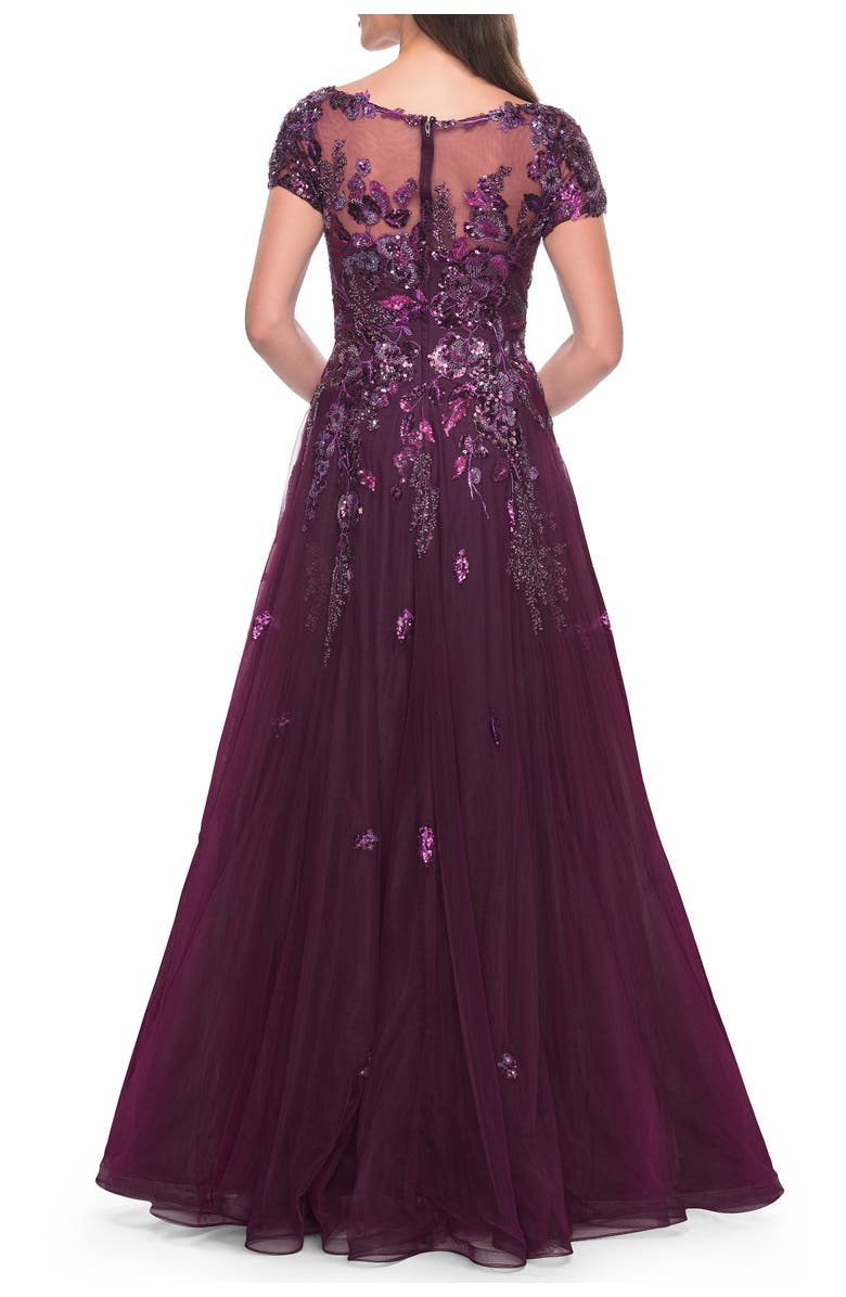La Femme A-line Gown with Unique Sequin Floral Applique, Alternate, color, Dark Berry