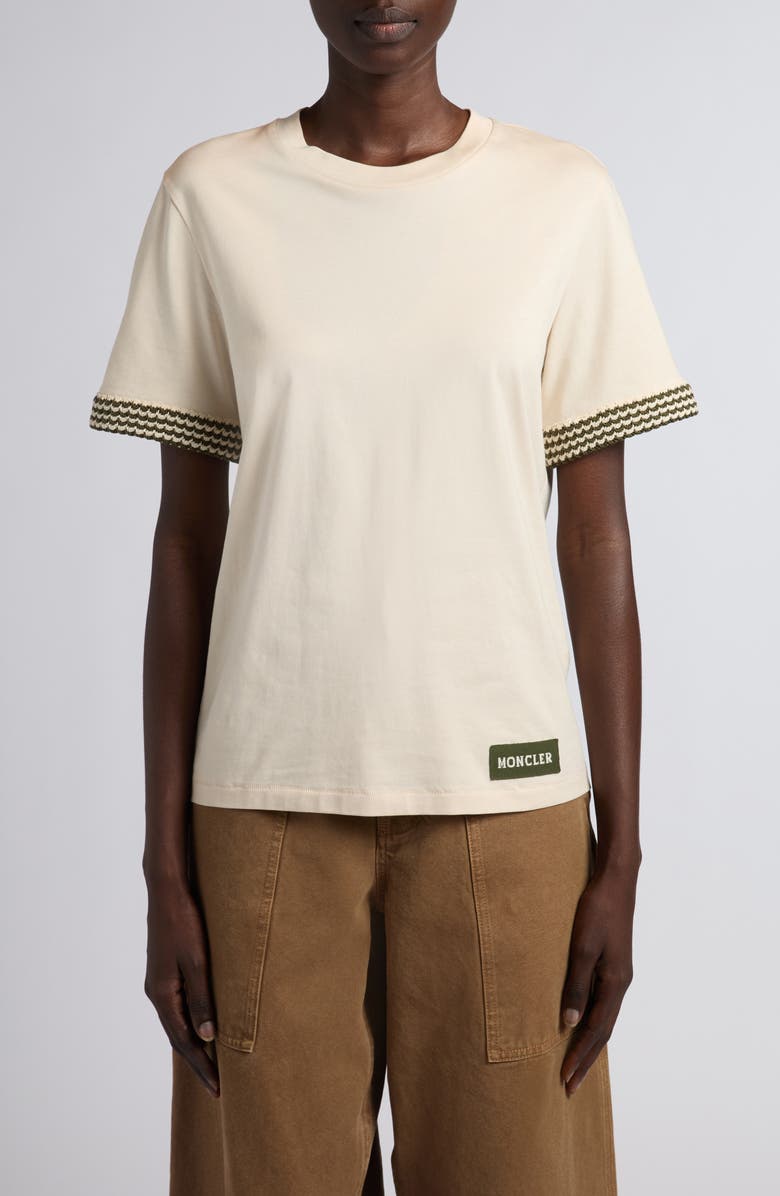 Moncler Knit Cuff Cotton T-Shirt, Main, color, Beige