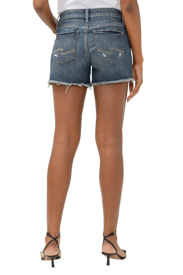 Suki Curvy Frayed Mid Rise Denim Shorts, Alternate, color, INDIGO