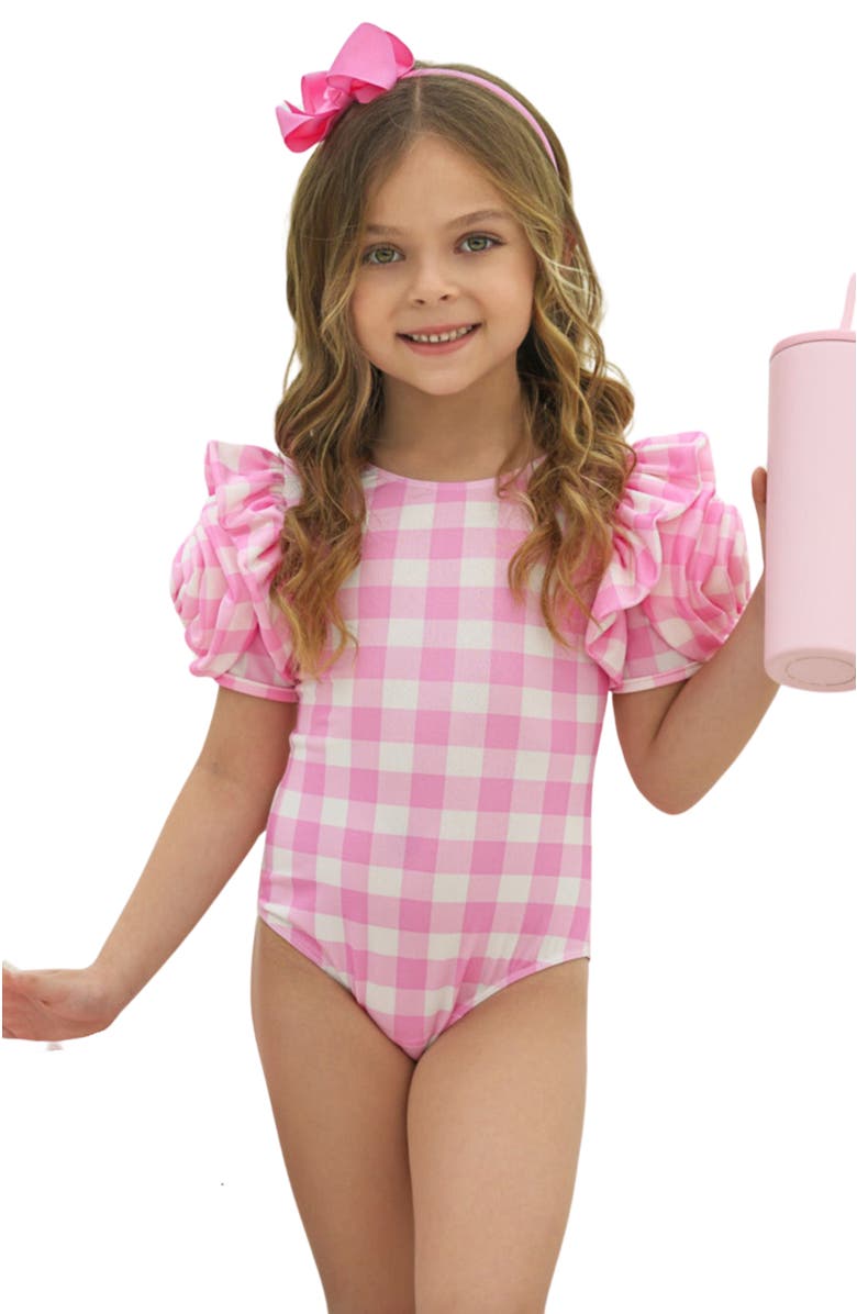 Mia Belle Girls Girls Gingham Rose Shoulder One Piece Swimsuit, Main, color, Pink