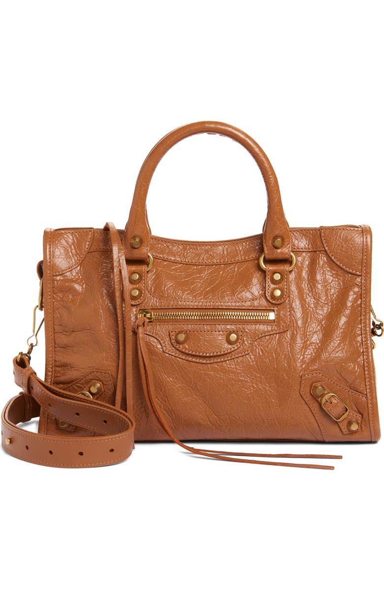 Balenciaga Small Le City Crinkle Leather Satchel, Main, color, 2630 Camel