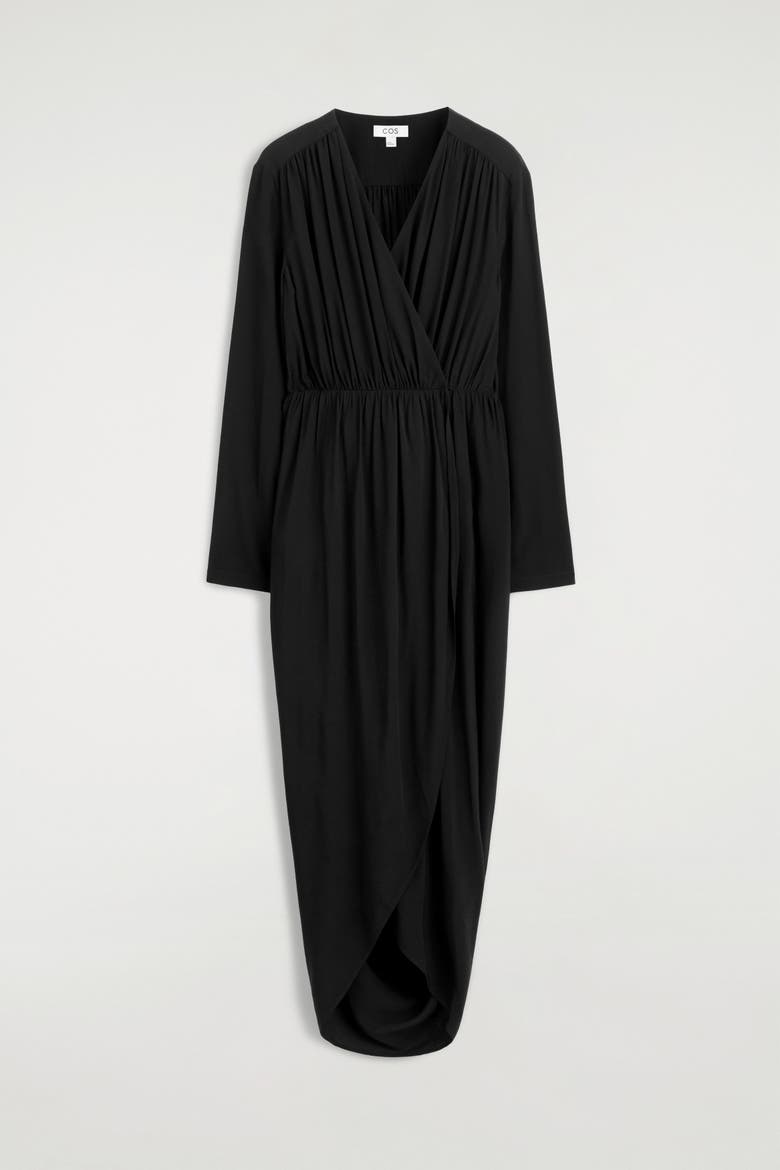 Gathered Midi Wrap Dress, Alternate, color, BLACK