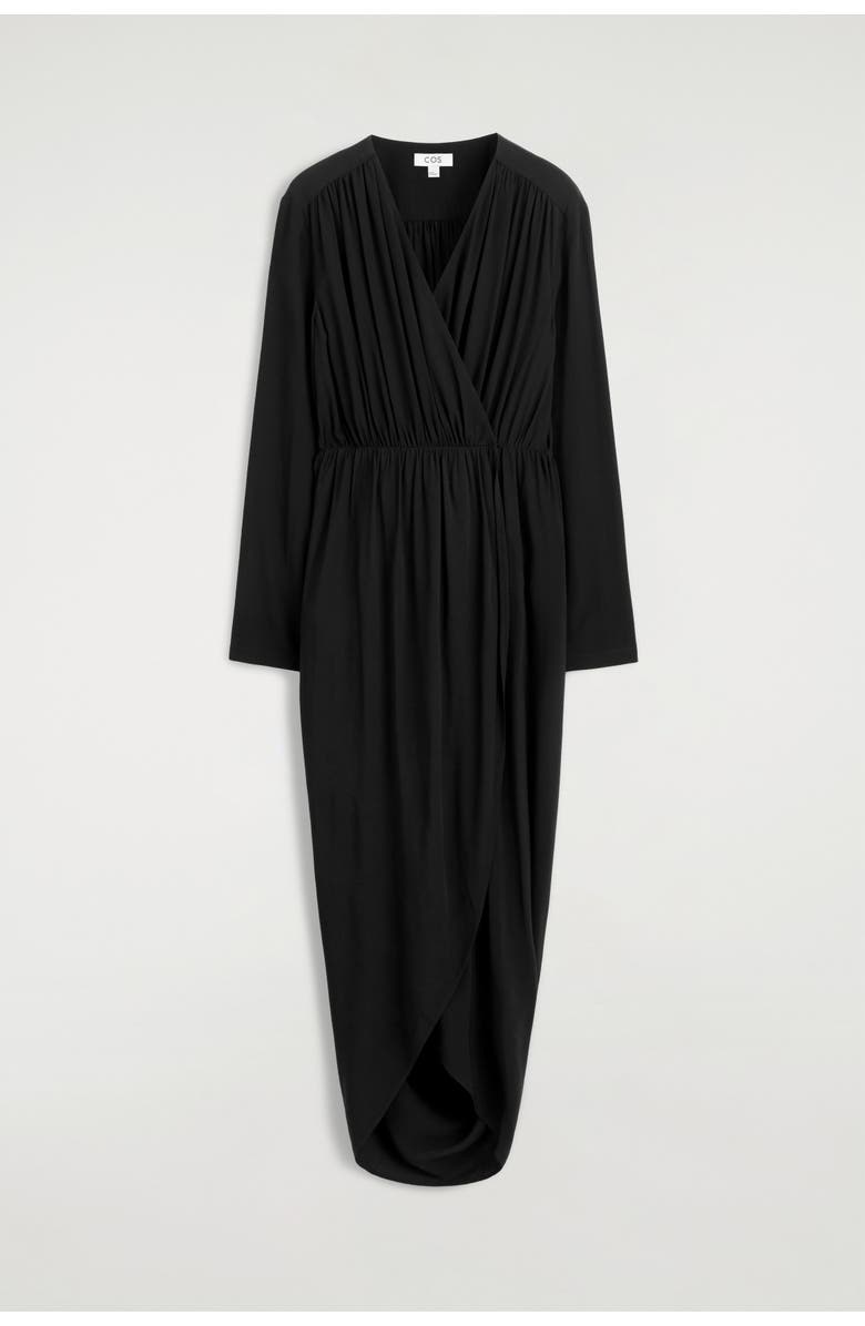 COS Gathered Midi Wrap Dress, Alternate, color, Black
