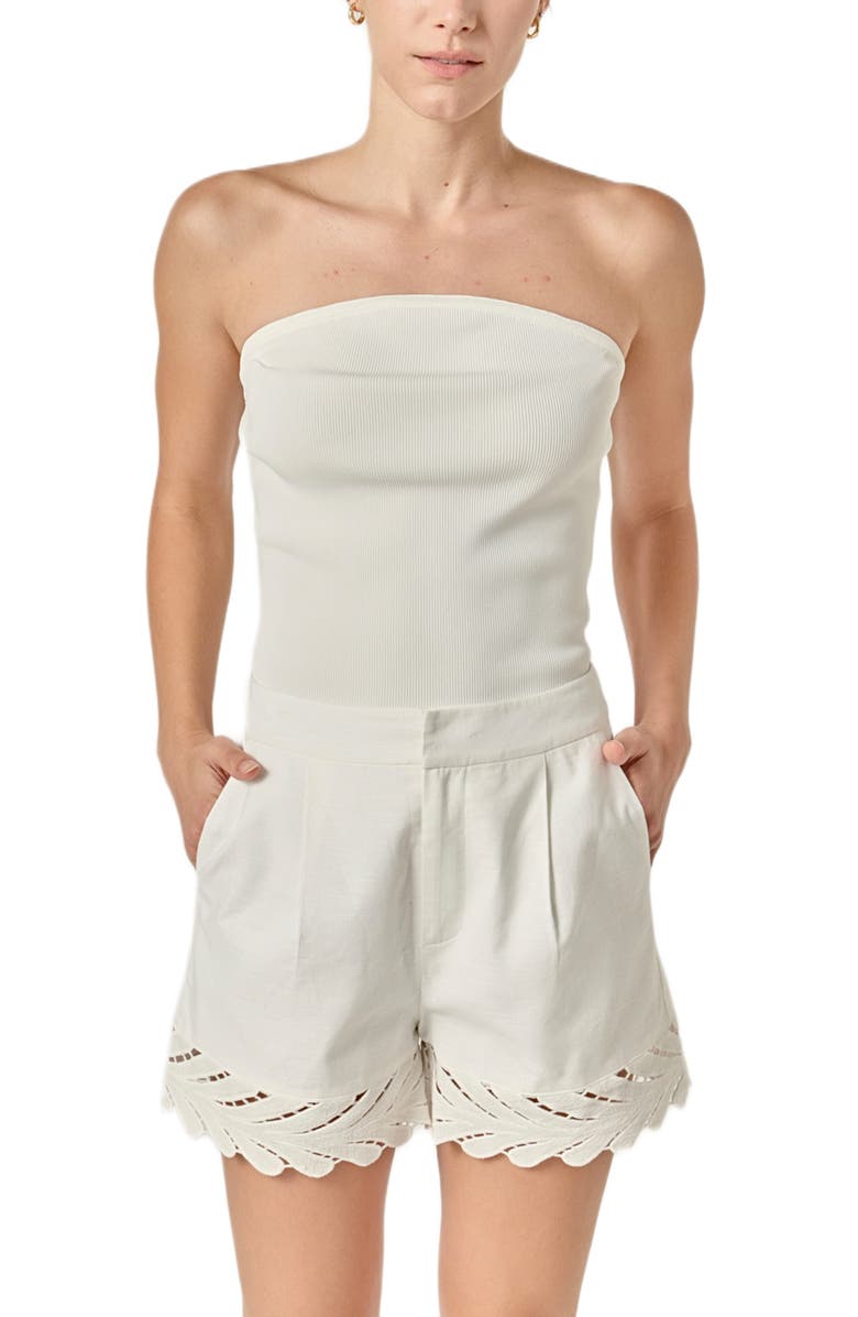 English Factory Embroidered Linen & Cotton Shorts, Alternate, color, Off White