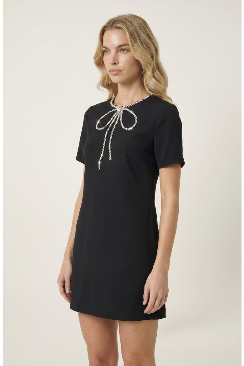 Rhinestone Bow Detail Short Sleeve Mini Dress, Alternate, color, Black