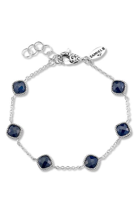 Sterling Silver Cushion Cut Semi-Precious Stone Station Bracelet