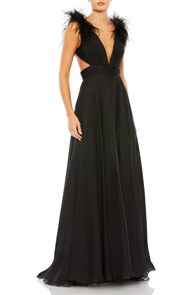 Mac Duggal Feather-Trim Plunge A-Line Gown, Main, color, Black