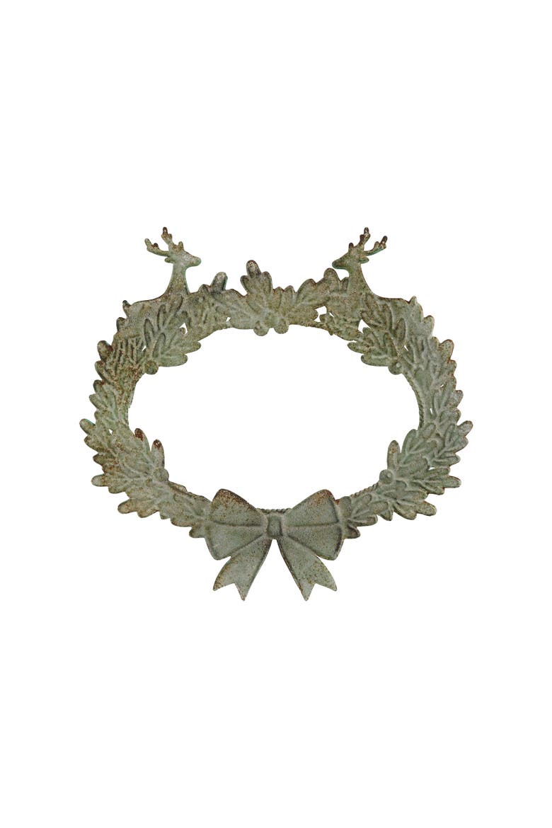 Oval Iron Wreath Wall Decor with Deer and Bow, Distressed Patina, Main, color, Patina Finish