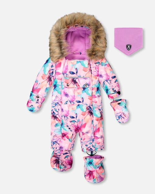 Deux Par Deux One-piece Play Snowsuit Designed For Car Seat Watercolor Flower In Blue