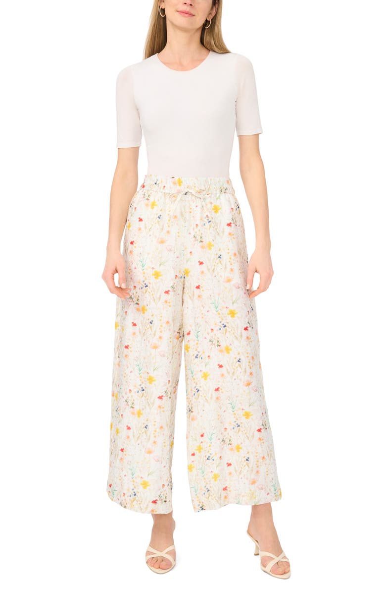 Vince Camuto Floral Print Tie Waist Wide Leg Pants, Alternate, color, Ultra White