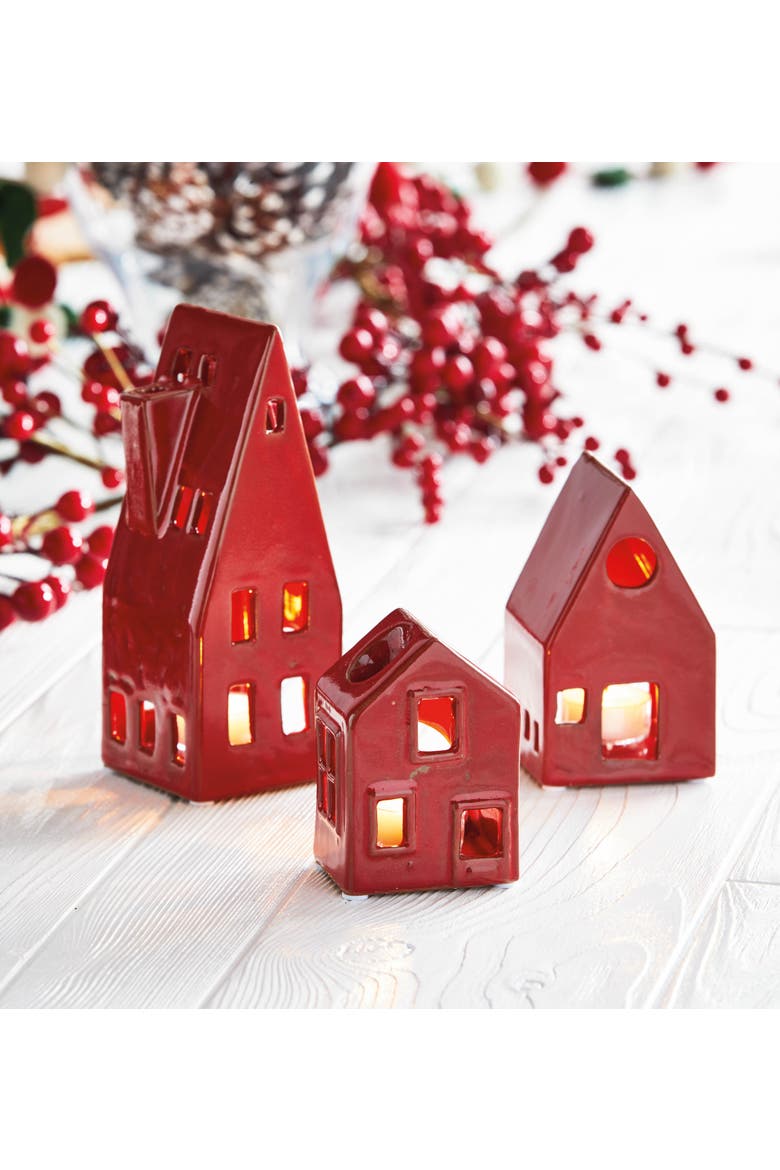 House Tealight Holder Large Red Stoneware Christmas, Alternate, color, Red