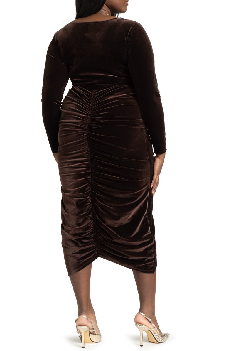 ELOQUII Shirred Long Sleeve Velvet Midi Dress, Alternate, color, 