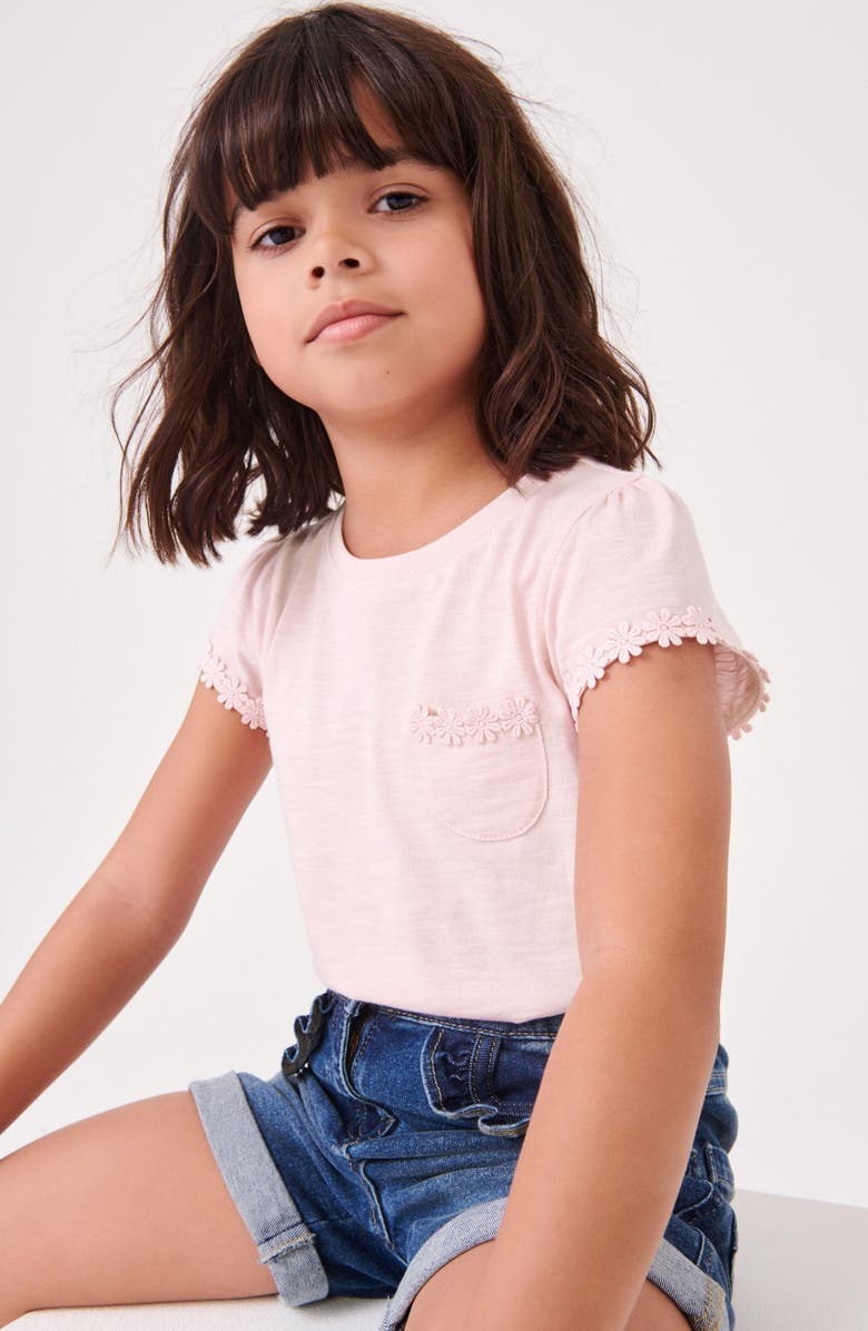 NEXT Kids' Daisy Embroidered Cotton Pocket T-Shirt, Alternate, color, Pink