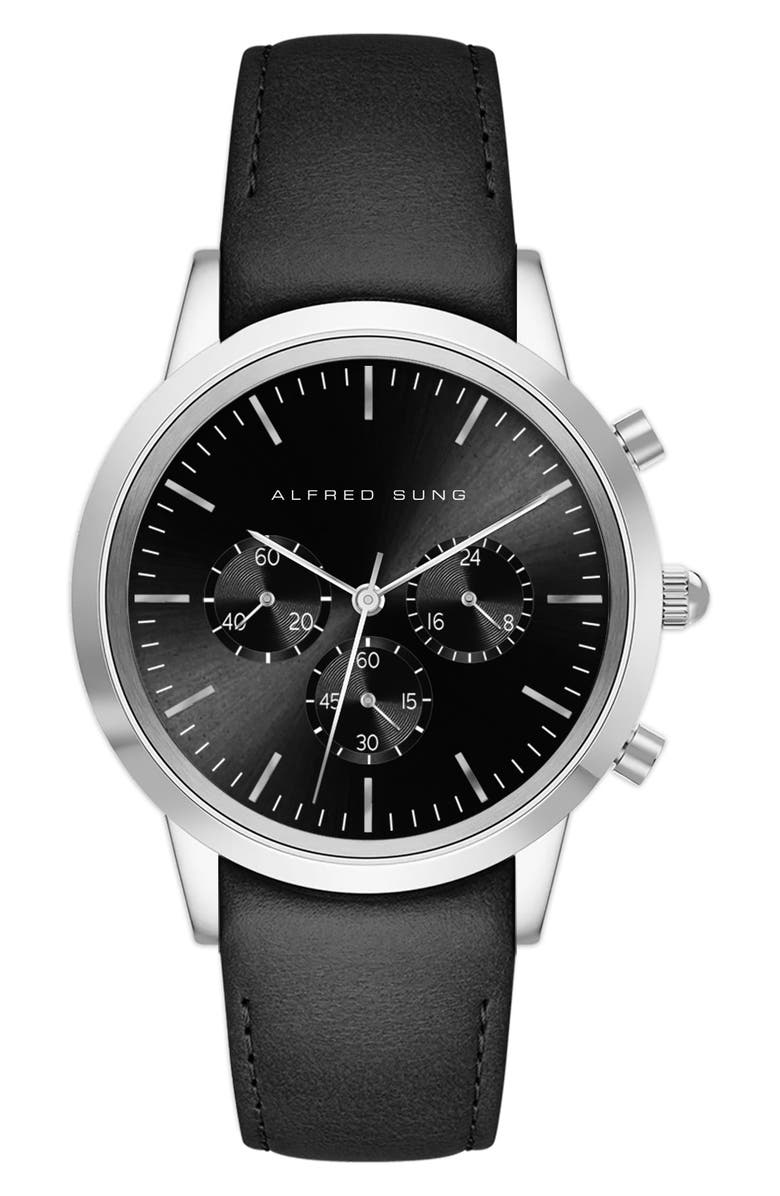 Alfred Sung Chronograph Leather Strap Watch, 42mm, Main, color, 