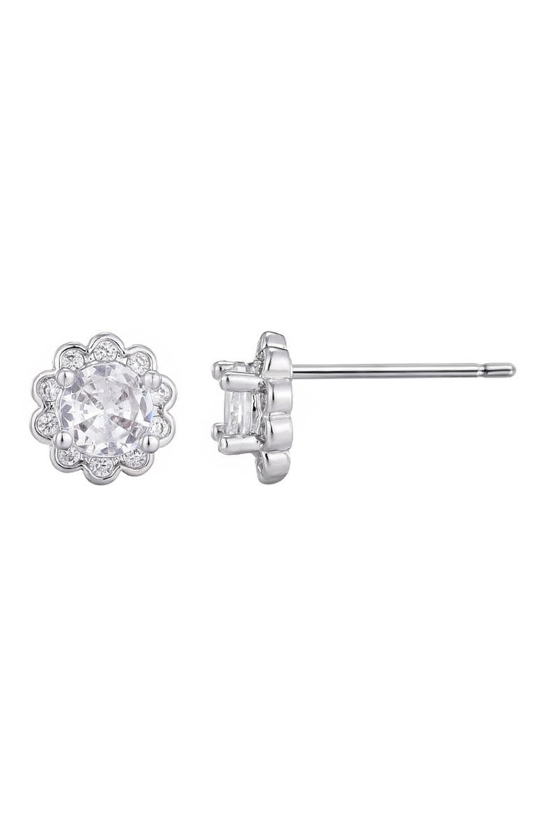 Cubic Zirconia Floral Halo Stud Earrings, Alternate, color, SILVER