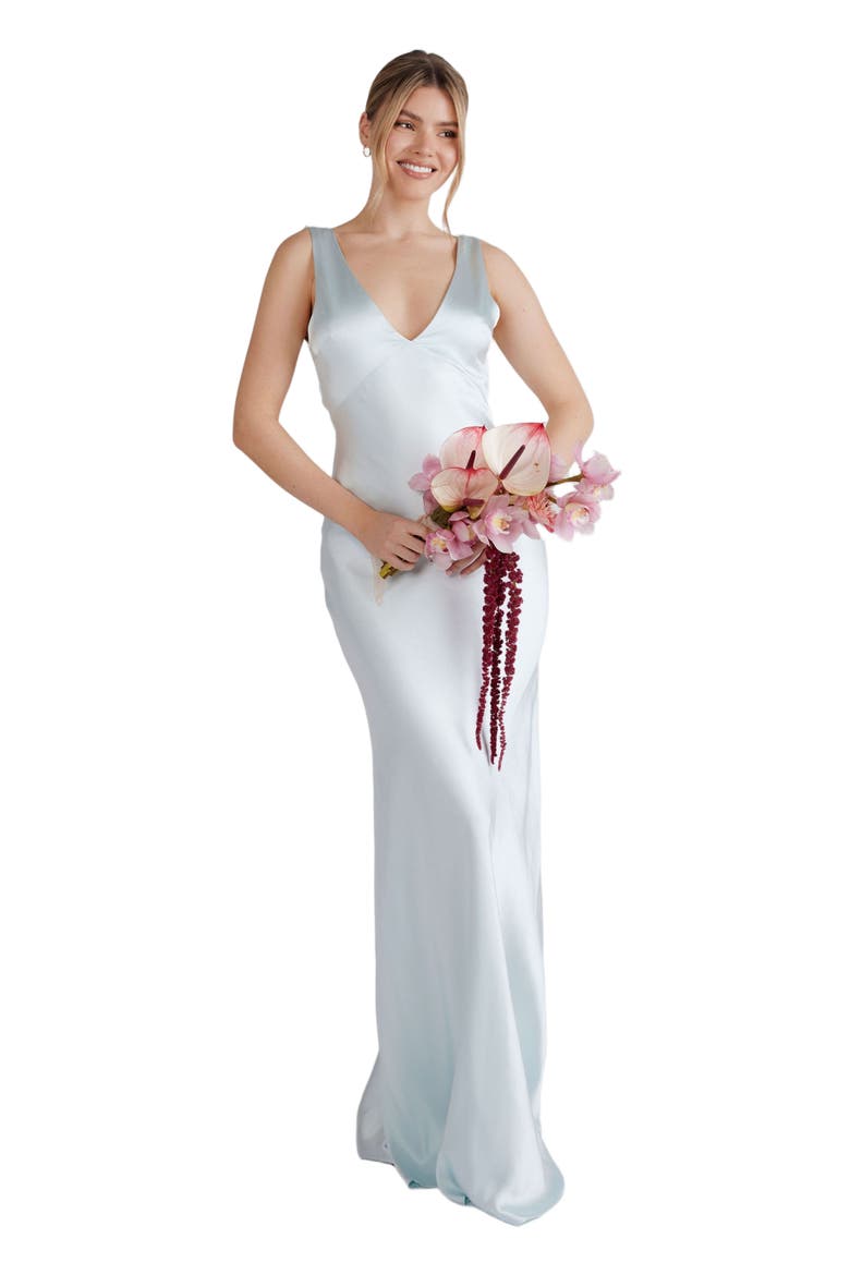 Twist Back Satin Bridesmaid Dress, Main, color, Ice Blue