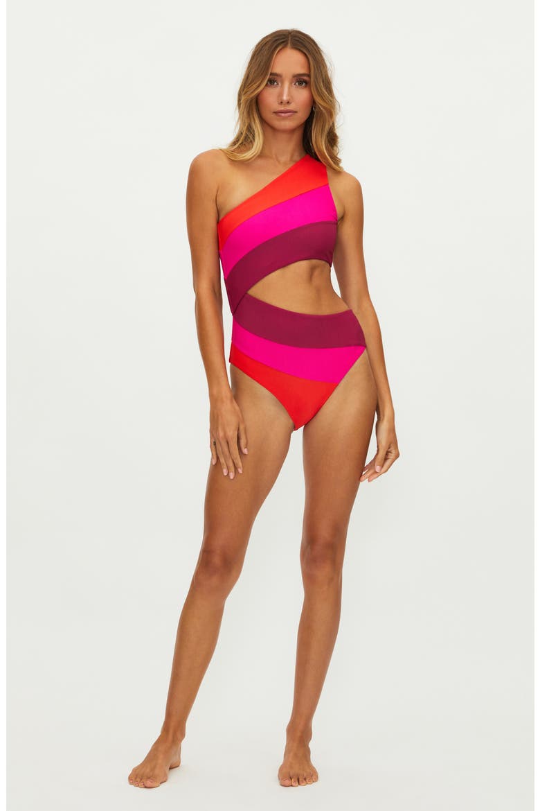 Joyce Cutout One-Shoulder One-Piece Swimsuit, Alternate, color, BE MINE COLOR BLOCK