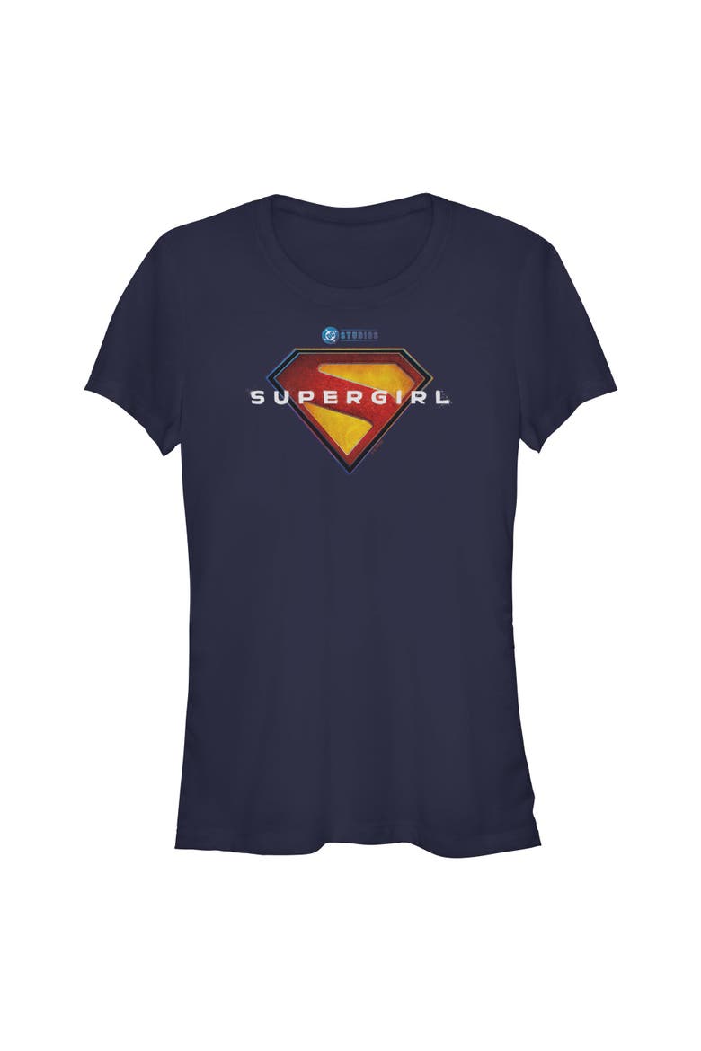Juniors Supergirl Official Shield Logo T Shirt, Main, color, Navy Blue