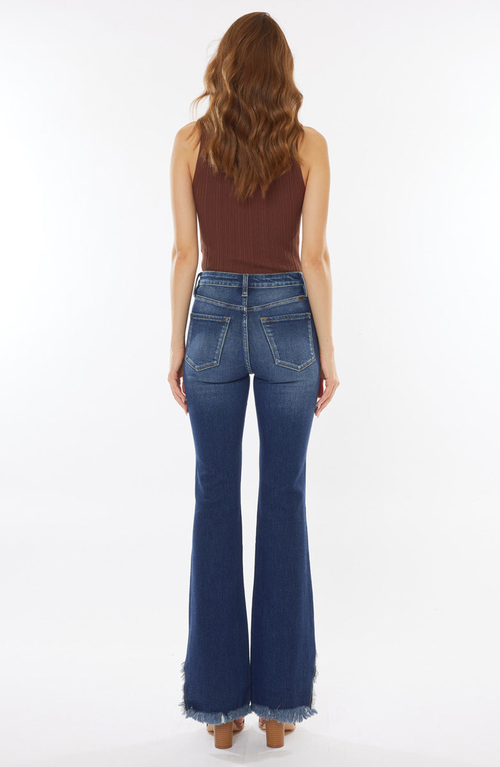 Kancan High Rise Hem Detail Boot Cut Jean In Dark Stone Wash In Blue