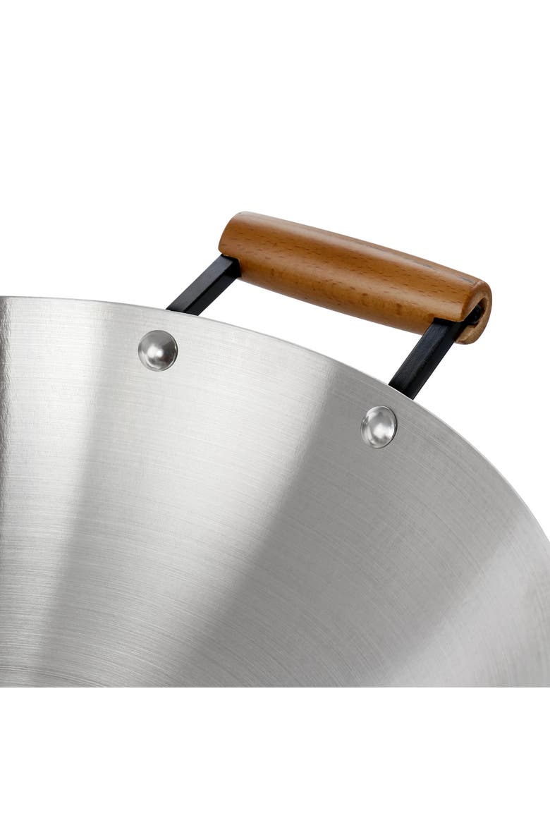 Sangerfield 14in Stainless Steel Flat Bottom Wok with Wooden Handles, Alternate, color, Metallic Silver