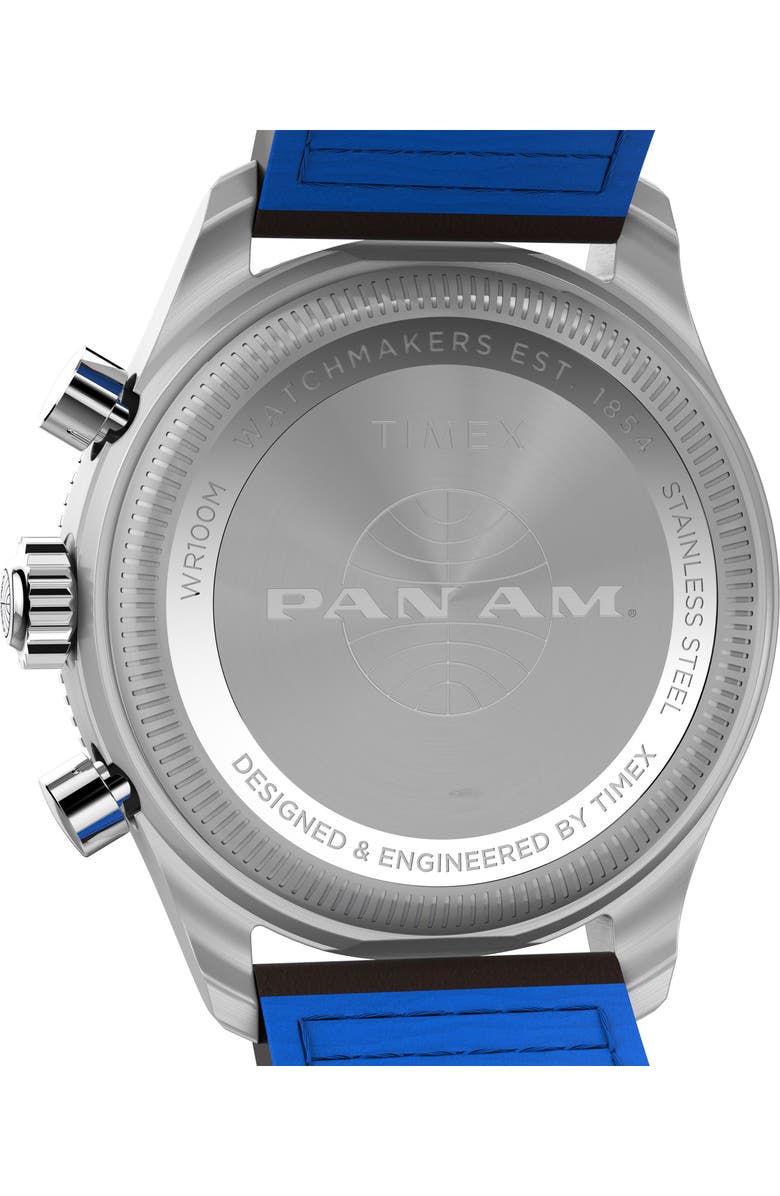 Timex<sup>®</sup> x Pan Am<sup>®</sup> Waterbury Fly Back Chronograph Leather Strap Watch, 43mm, Alternate, color,