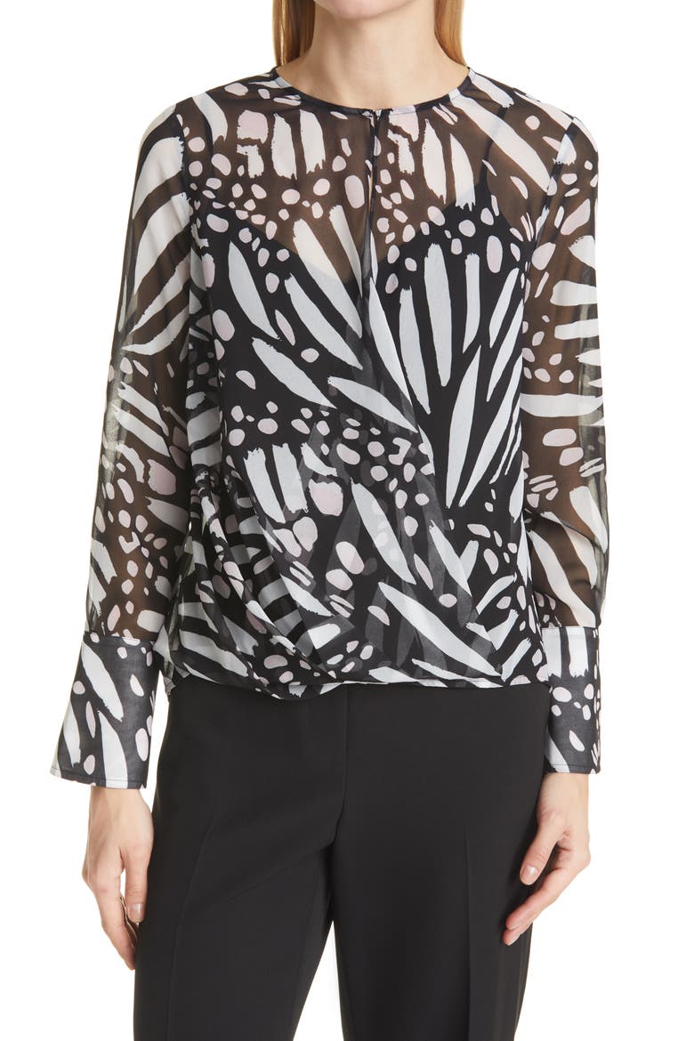 Elysa Graphic Butterfly Long Sleeve Blouse, Main, color, BLACK/WHITE