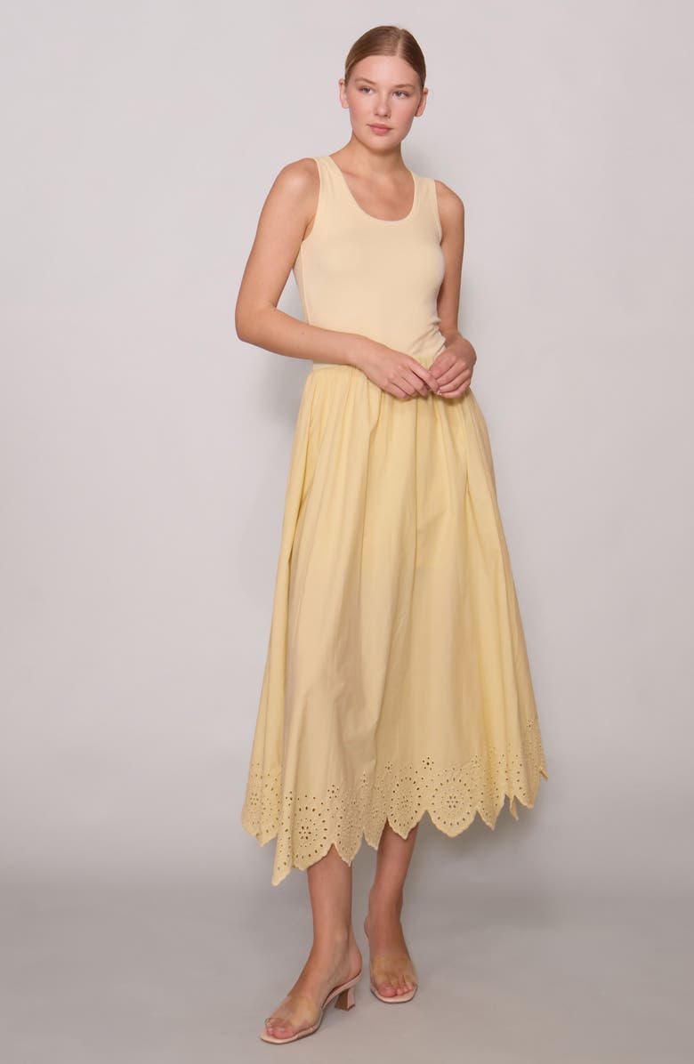 MELLODAY Eyelet Scallop Sleeveless Mixed Media Maxi Dress, Alternate, color, Butter Yellow