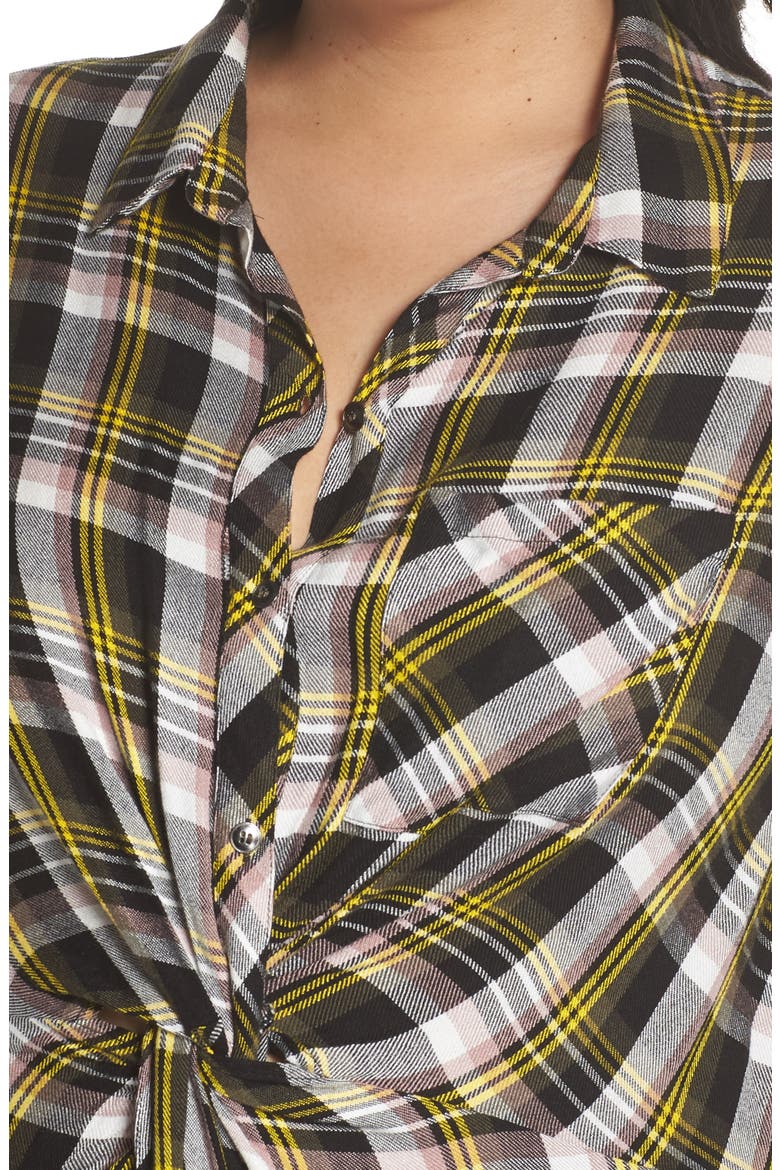 Knot Front Plaid Shirtdress, Alternate, color, BLACK- YELLOW ADELE PLAID