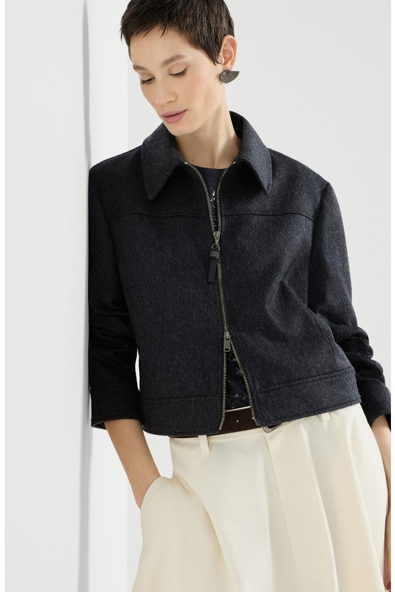 Wool flannel outerwear jacket with shiny zipper pull, Alternate, color, Anthracite