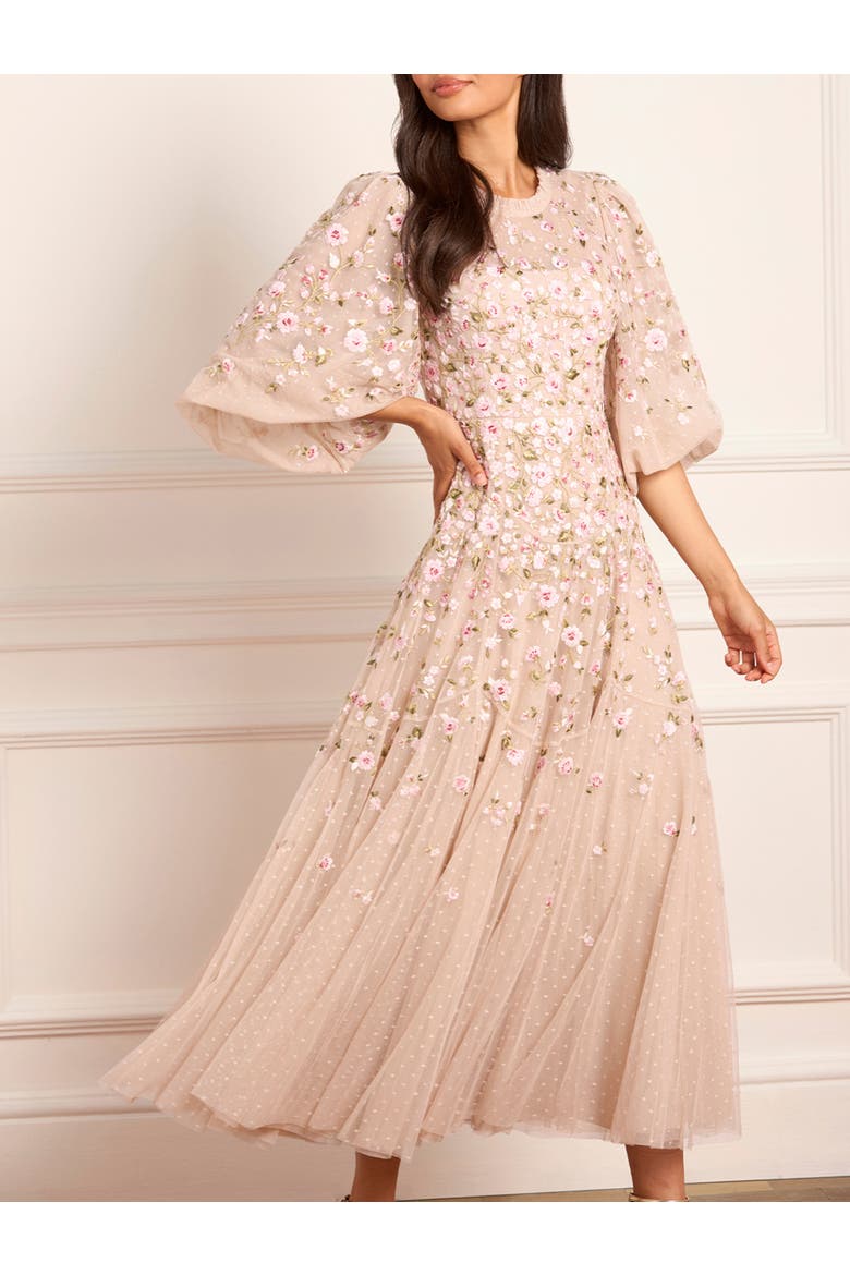 Sylvia Round Neck Ankle Gown, Alternate, color, Oyster/Multi