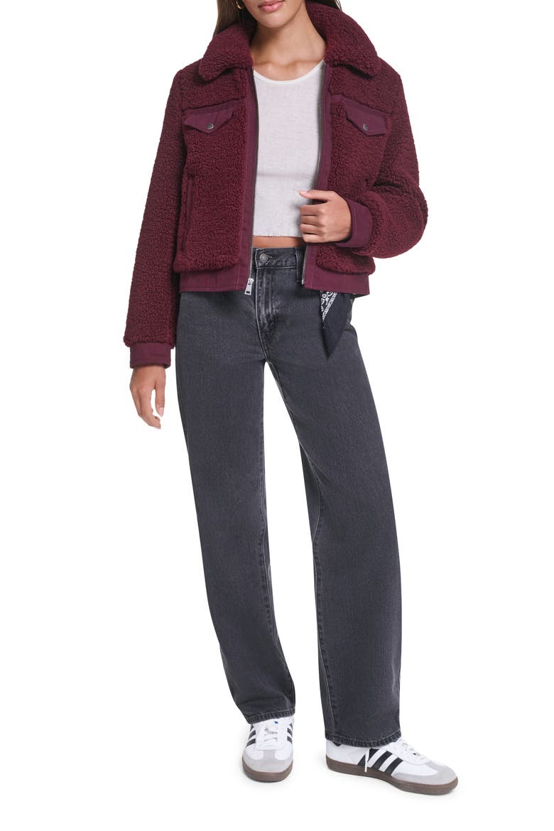 Fleece & Denim Bomber Jacket, Alternate, color, OXBLOOD