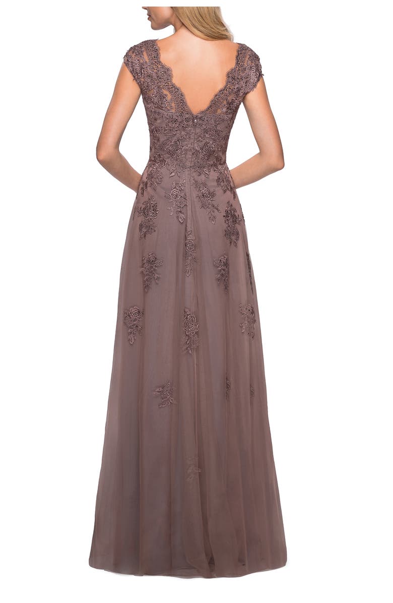 La Femme Short Sleeve Lace Gown with Cascading Embellishments, Alternate, color, Cocoa