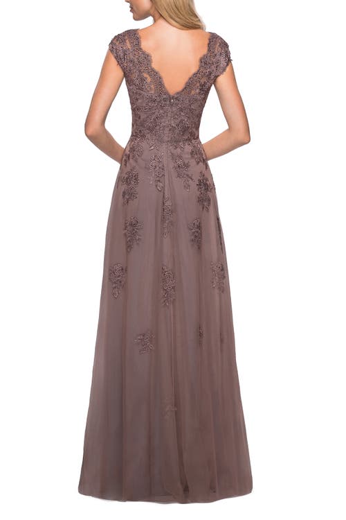 La Femme Short Sleeve Lace Gown With Cascading Embellishments In Cocoa