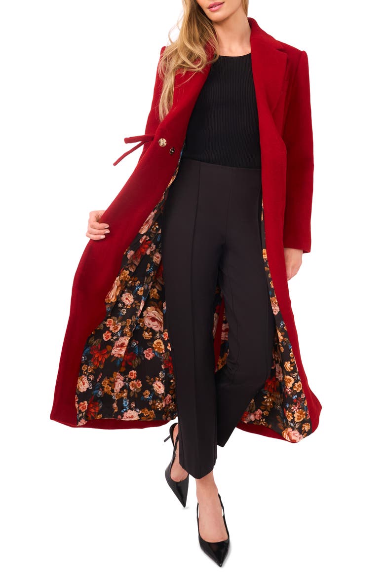 Bow Wool Blend Longline Coat, Alternate, color, WILD CRIMSON