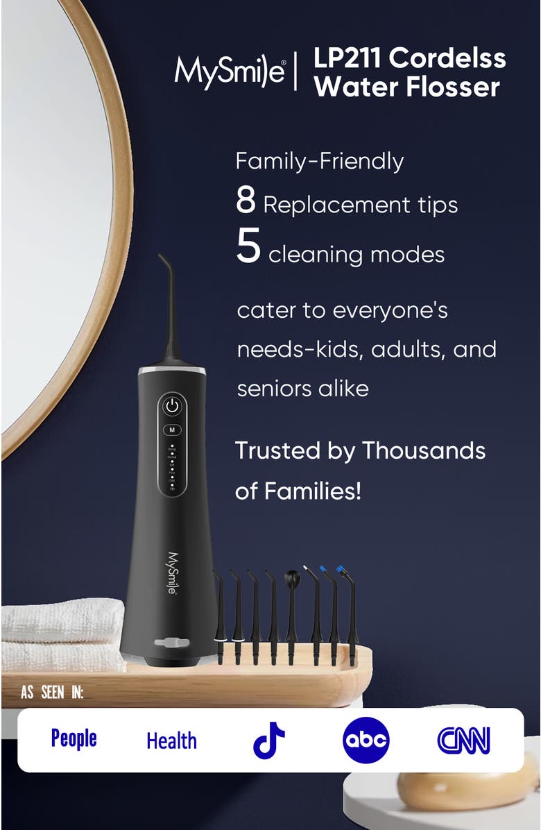 MySmile LP211 Cordless Water Flossers for Teeth, 260ML Reservoir, 5 Cleaning Modes, 8 Jet Tips, Alternate, color, Black