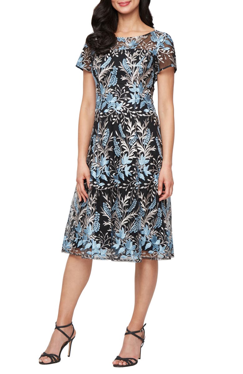 SL FASHIONS Floral Embroidered A-Line Dress, Main, color,