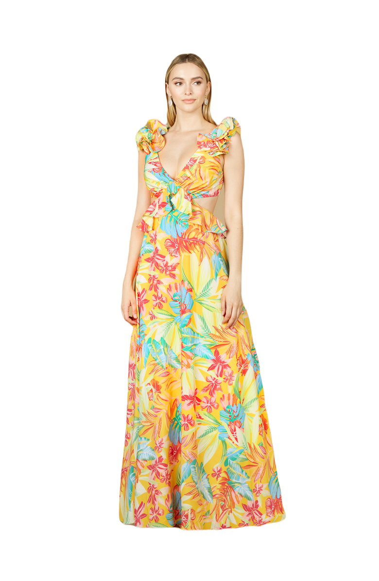 LARA New York V-Neck Long Print Gown with Ruffled Straps, Main, color, Yellow