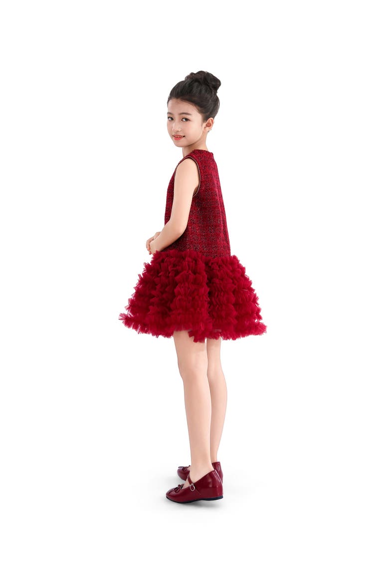 Tweed & Tulle Ruffle Dress, Alternate, color, Red