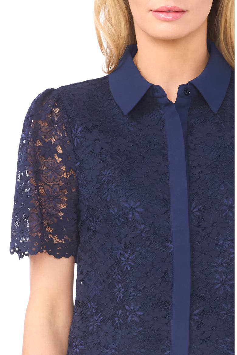 Floral Lace Short Sleeve Button-Up Shirt, Alternate, color, CLASSIC NAVY