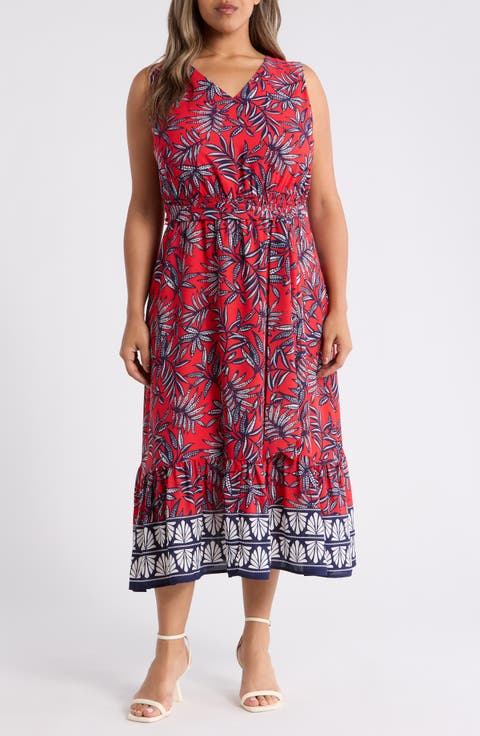 Leaf Print Sleeveless Maxi Dress (Plus)