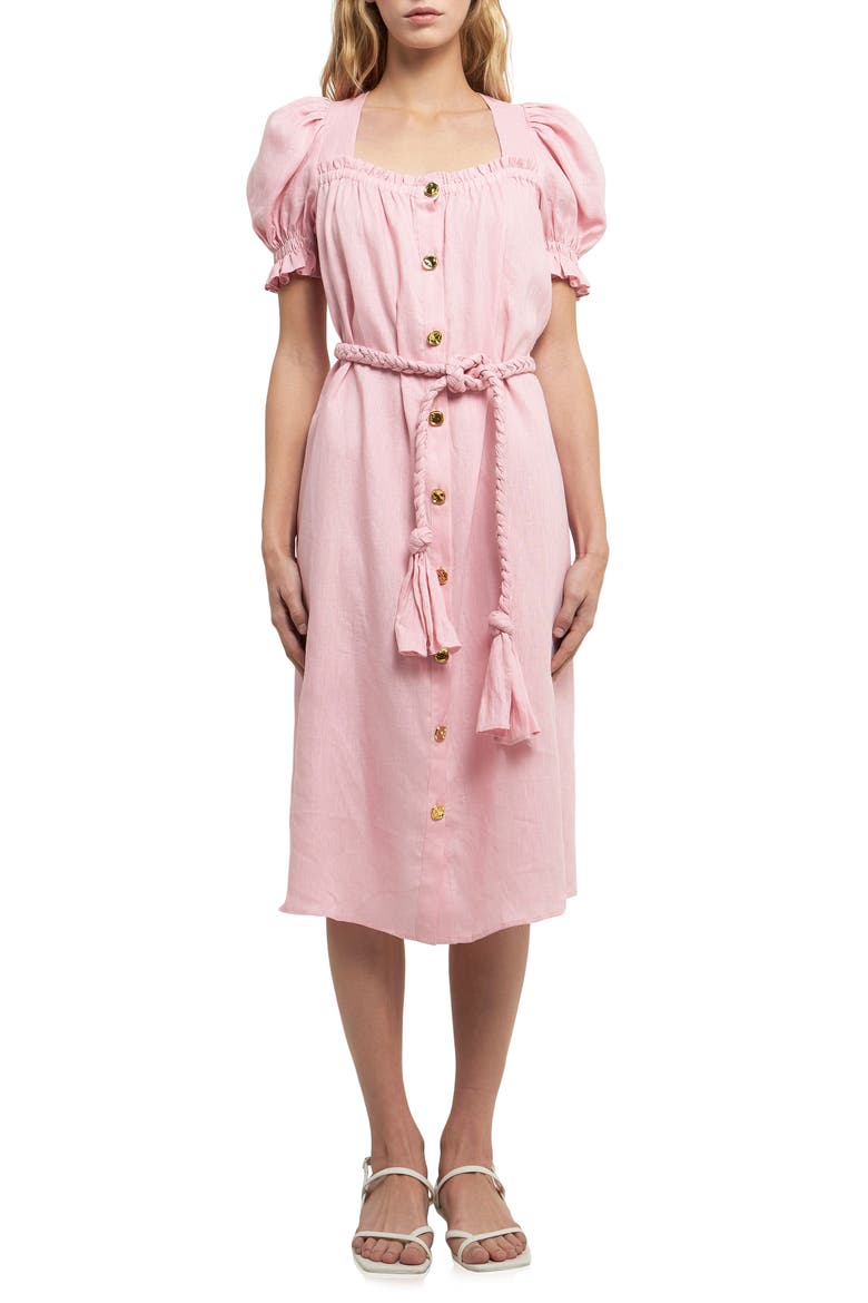Puff Sleeve Button Front Linen Dress, Main, color, PINK