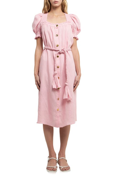 Puff Sleeve Button Front Linen Dress